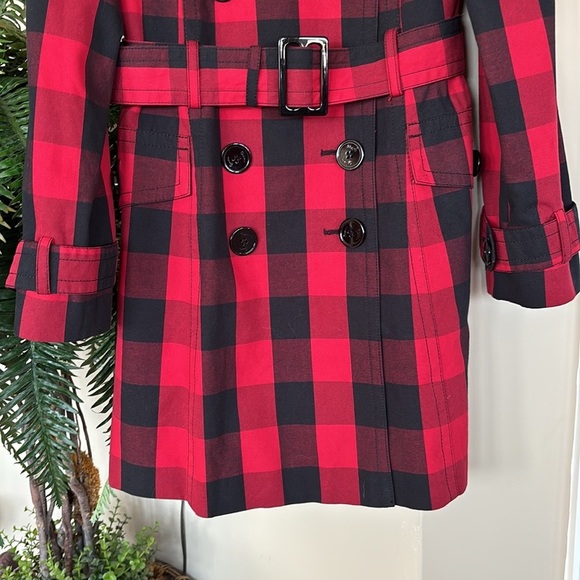 Jessica Simpson Buffalo Plaid Red Black Belted Coat Long Christmas Trench Jacket - Picture 2 of 15